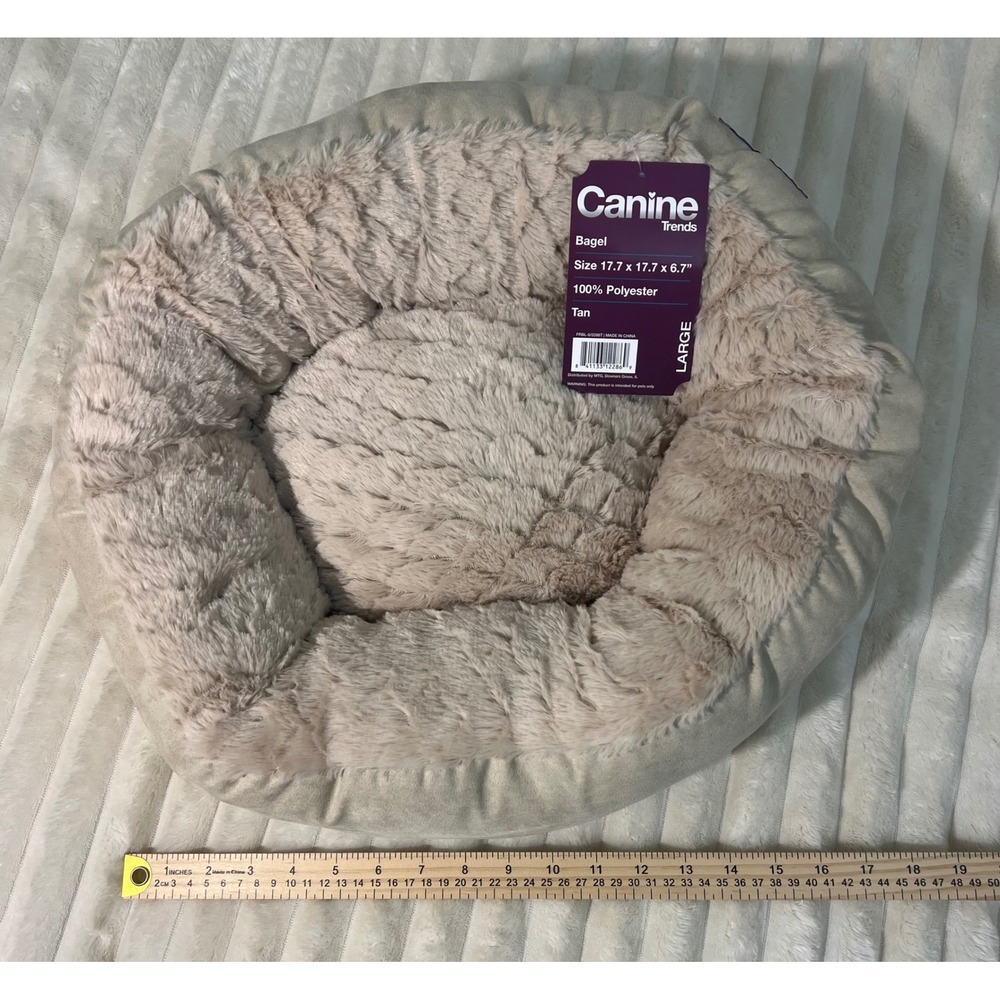 Canine Trends Bagel Pet Bed Tan Faux‎ Fur Bolster Round Small Dog Cat 18in NEW